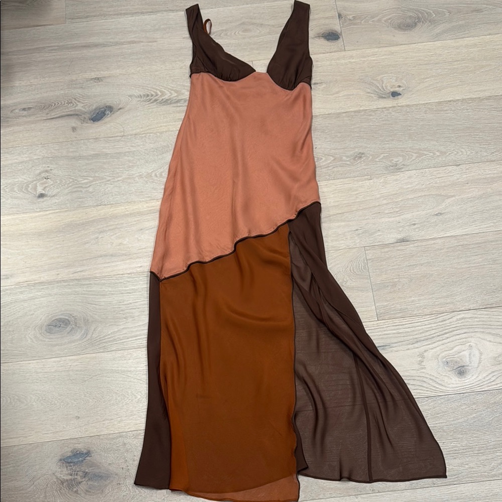 SIR the label Pink and Brown Asymmetrical Slip Dress